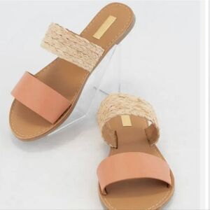 Qupid Two Band Slip-On Flat Sandals- Coral/Straw Tan